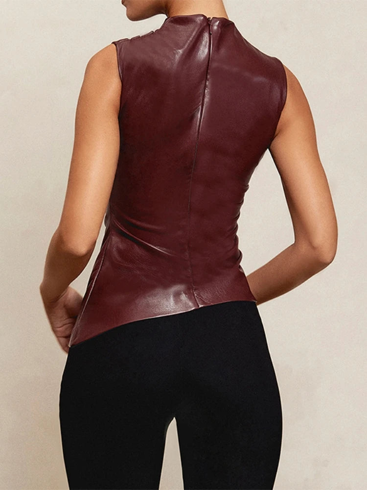 Women Y2K Vintage PU Simple Basic Tank Top High Waist Skinny Shrunk Slash Cut Sleeveless Tops Versatile Noble Shirts