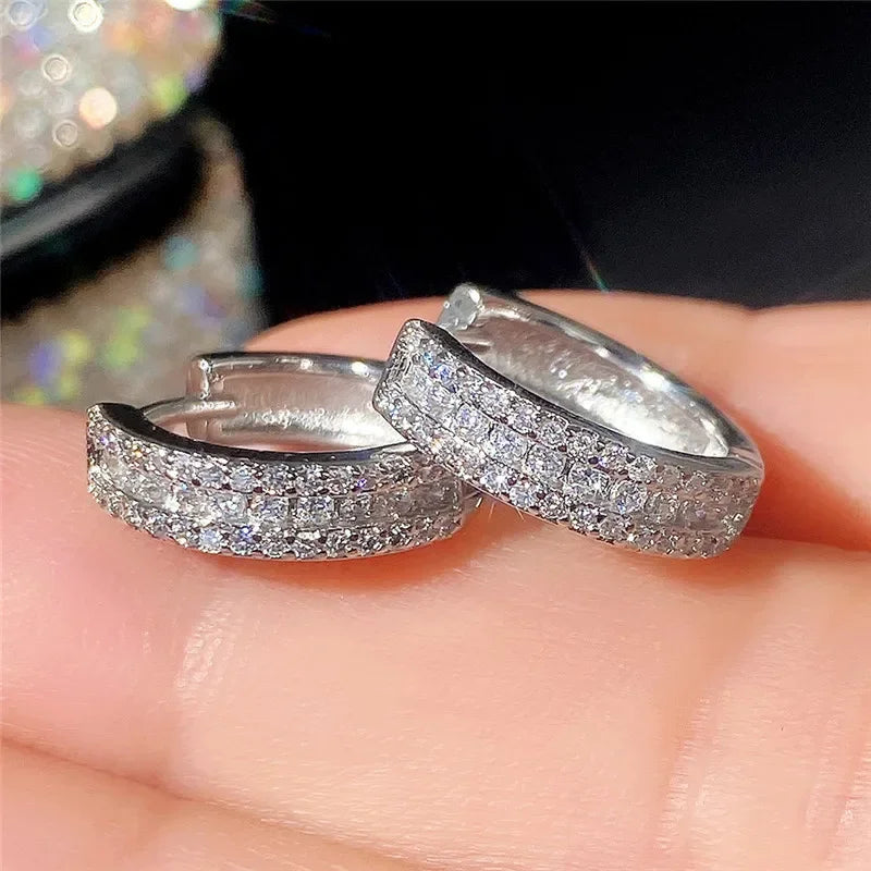 Sterling Silver Hoop Earrings Cubic Zircon Minimal Round Circle — Silver | KIMLUD