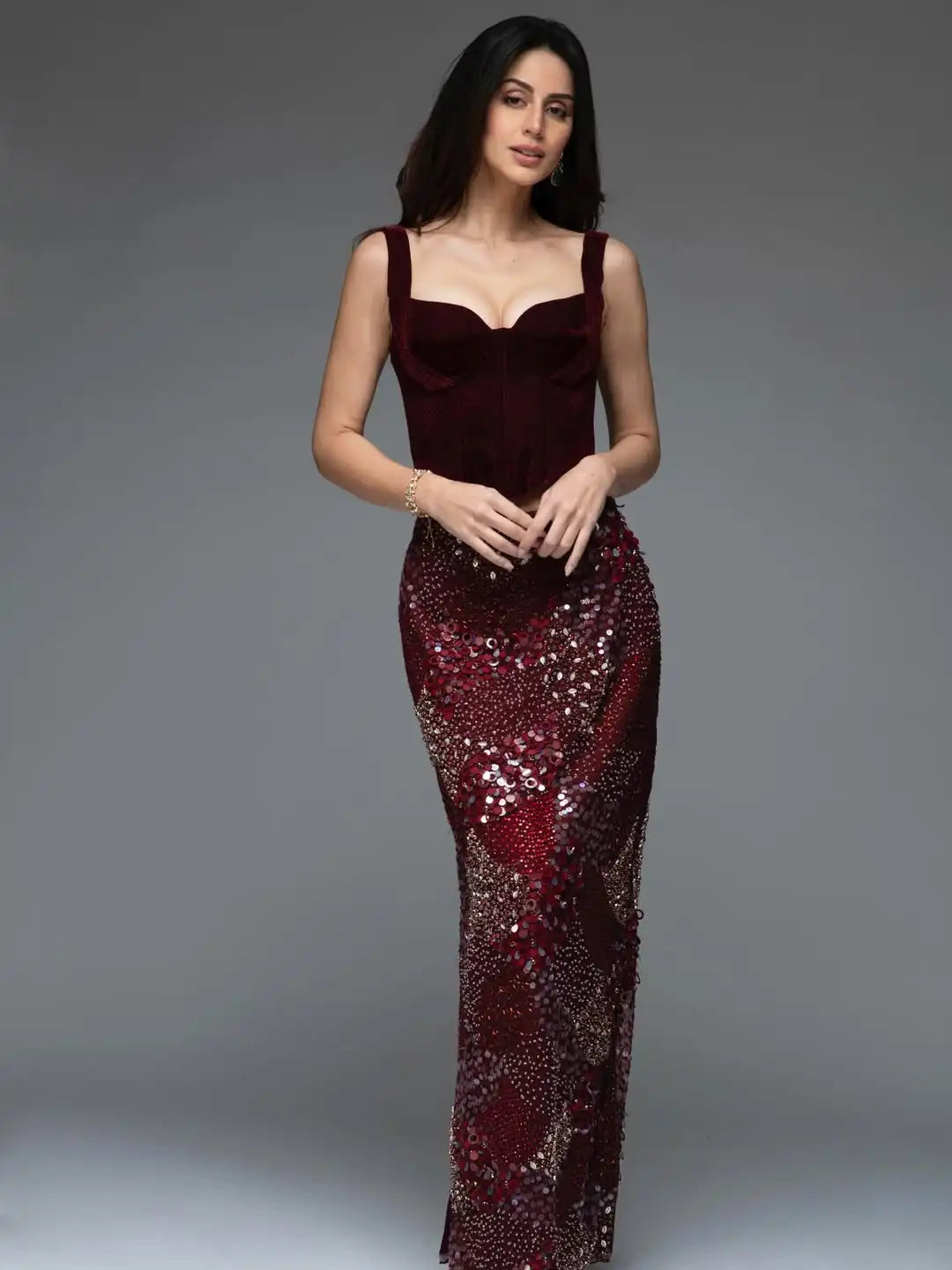 Two-Piece Velvet Corset Dress – Burgundy Mermaid Beaded Skirt | KIMLUD