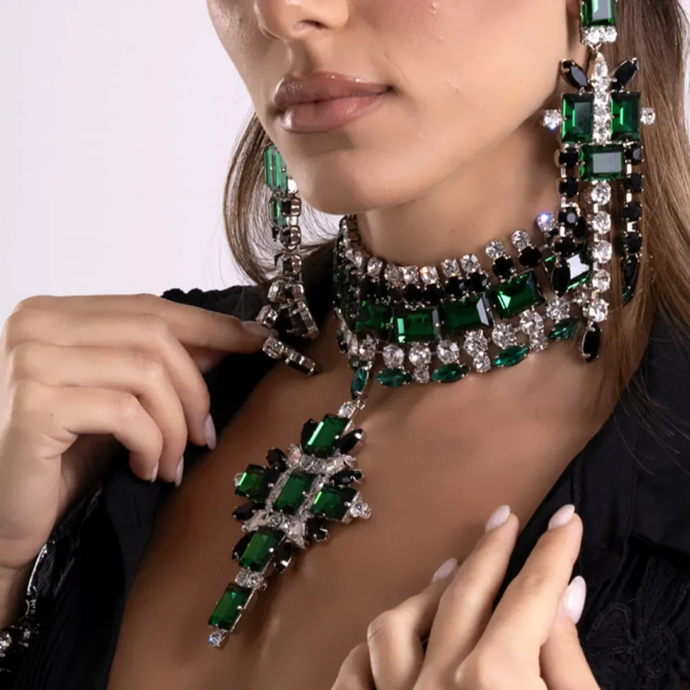 Green Corss Pendant Choker Bridal Collar Charms Party Accessories Statement Necklace Rhinestone Jewelry Pendant Wholesale Gift - KIMLUD
