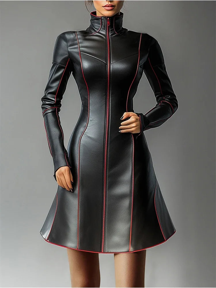 Women Pleated A-Line PU Leather Dress Long Sleeve Grunge Vintage Casual High Street Turtleneck Long Sleeve Mini Dresses 2025