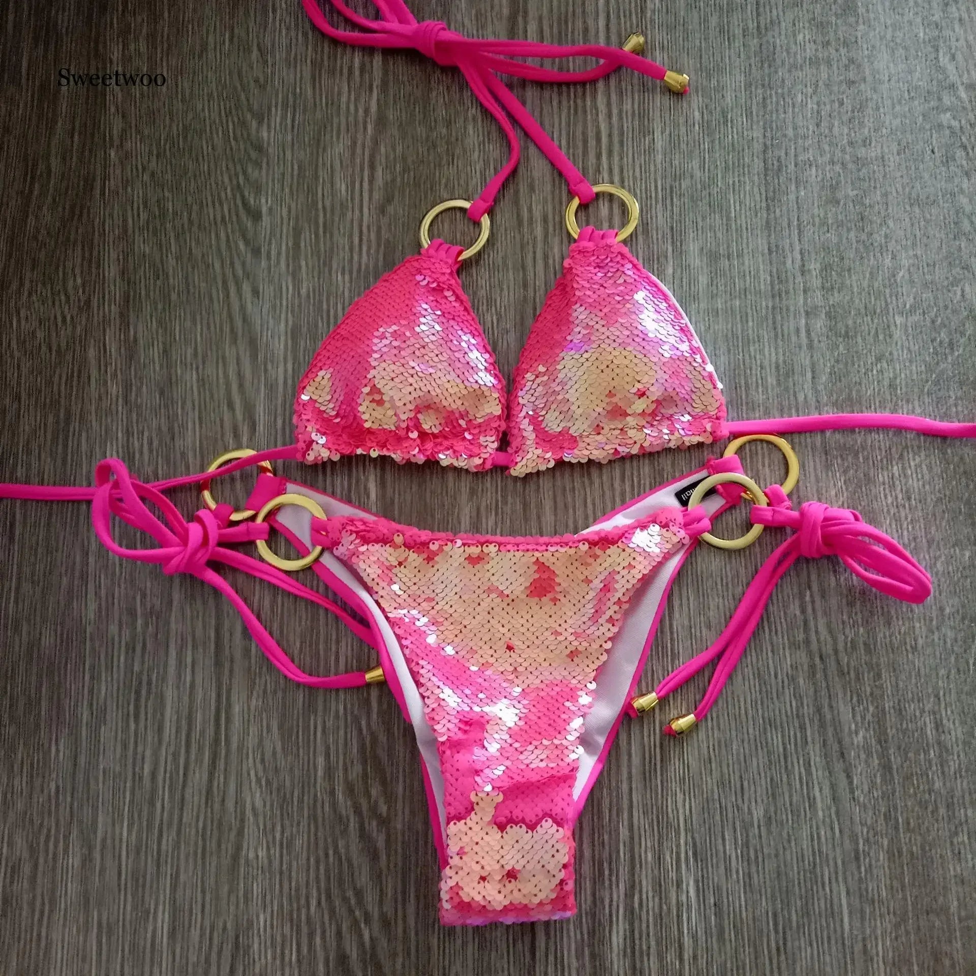 Sequin Bikini Set With Halter Neck — Emerald | KIMLUD