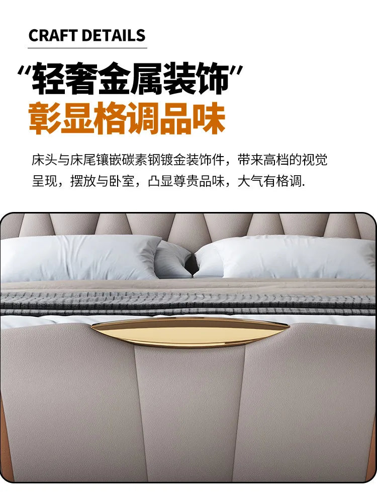 Leather Bed Frame With Lit Headboard — Ivory-Beige | KIMLUD