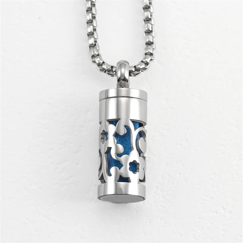 Polished Stainless Steel Necklace Lotus Aromatherapy Pendant — Blue | KIMLUD