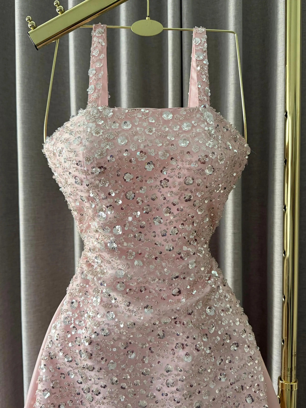 Evening Dress - Spaghetti Strap Beaded Sequins - Pink Satin Train | KIMLUD