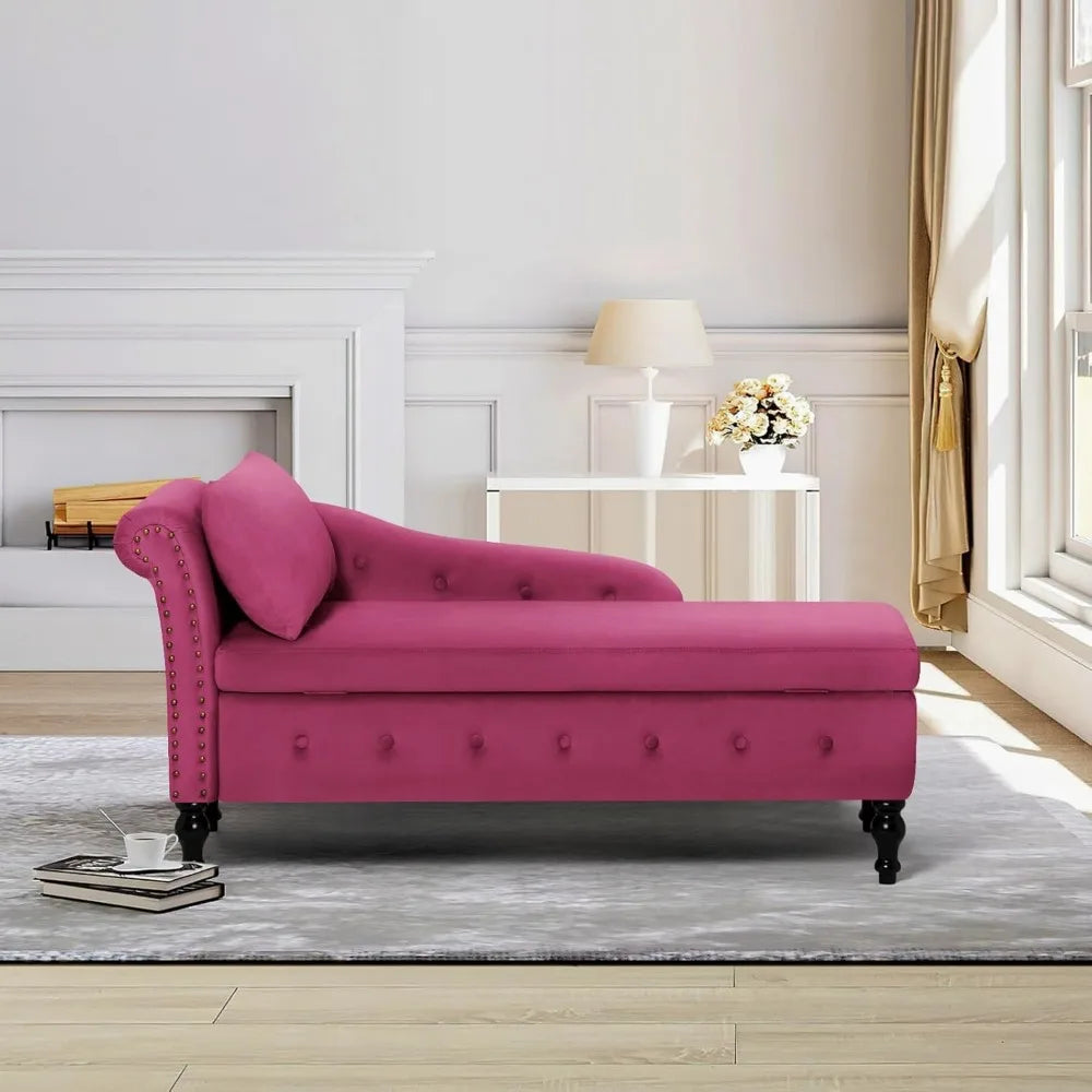 Velvet Chaise Lounge with Left Armrest & Storage Space,Button Tufted Lounge Chair w/Lumbar Pillow,Modern Upholstered Lounge Chai