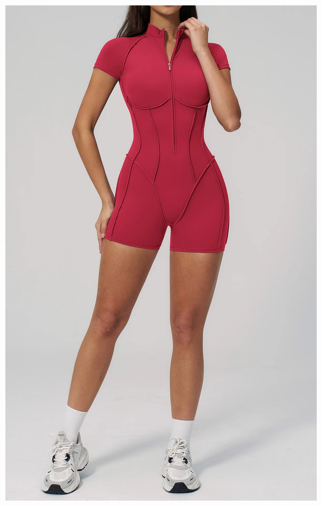 Performance Stretch Jersey Zippered Yoga Bodysuit Short Sleeves For Studio To Street — Red | KIMLUD