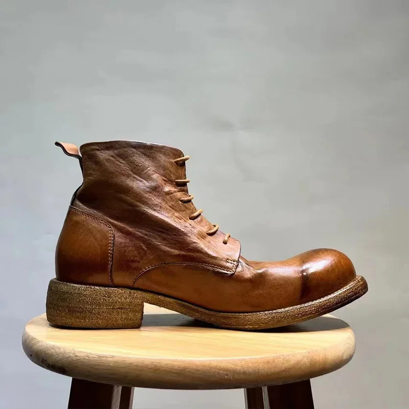 Washed Men's High Top Retro Leather Thick Soled High Rise Short Leather Boots GoodyearHorse Leather Shoes Worn