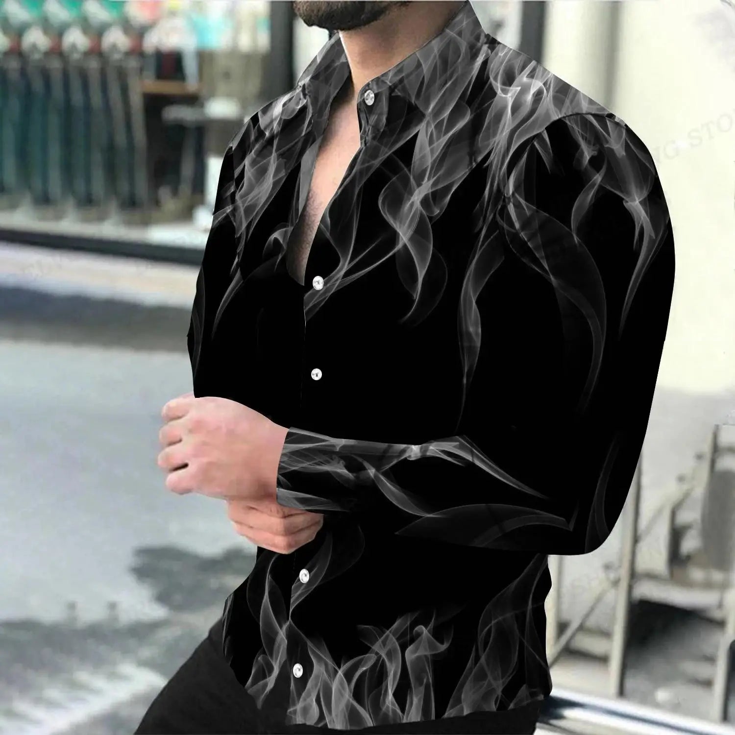 Polyester Flame Print Shirt Long-Sleeve Turn-Down Collar Button-Front — Black | KIMLUD