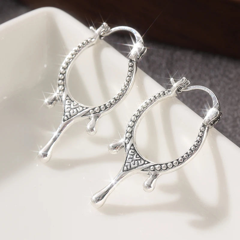 Vintage Handmade Pattern Silvery Plated Irregular Hoop Earrings Women's Fashion Personalized Banquet Festival Jewelry Accessory