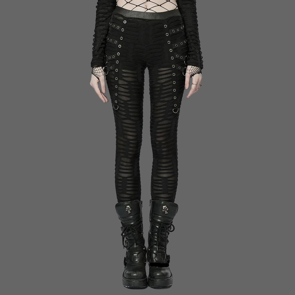 PUNK RAVE Women's Gothic Decayed Slim-fit Leggings Punk Meta Eyelets Webbing Personality Thin Black Pants Spring/summer