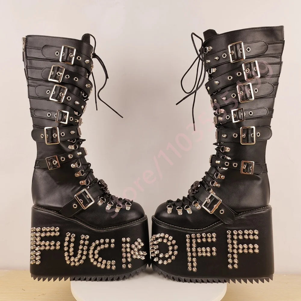 Knee-High Boots - Platform Studded - PU - Wedge Heel | KIMLUD