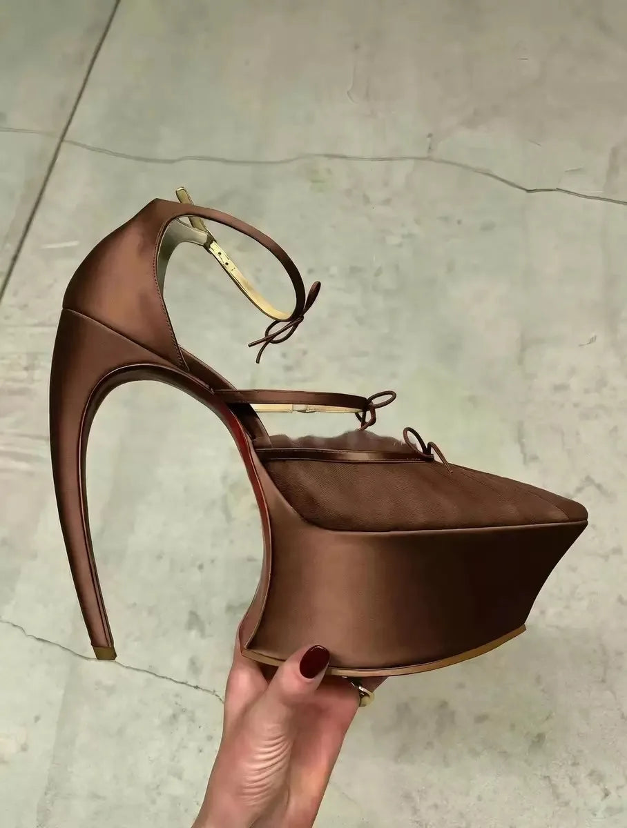 Satin Ribbon Pumps Pointed-Toe Platform — Pink | KIMLUD