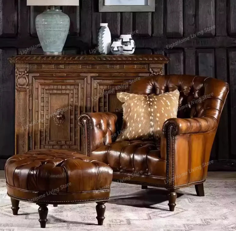 Genuine Leather Living Room Chair — Cognac Brown | KIMLUD