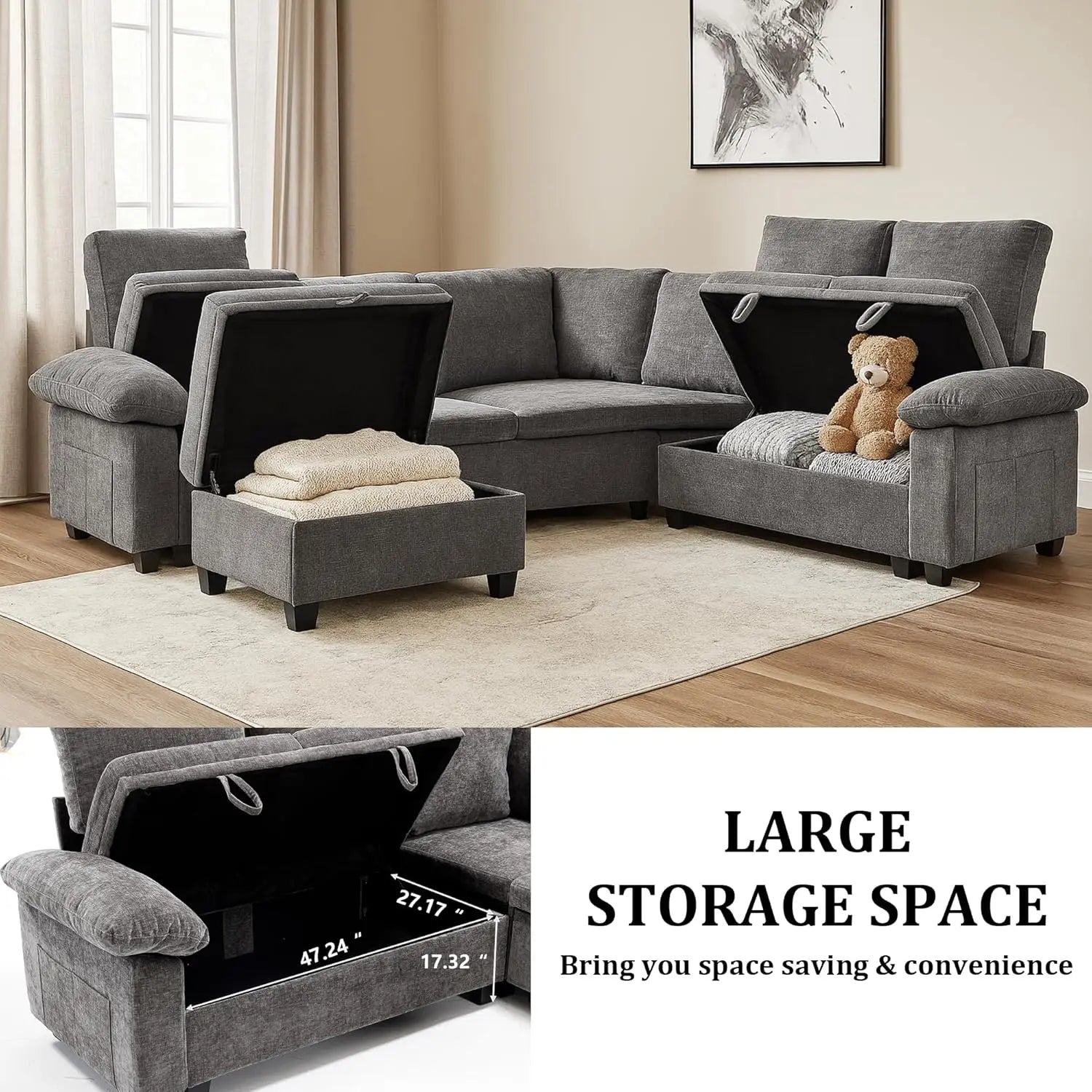 108 Inch Sectional Sleeper L Shaped Sofa with Pull Out Bed, 7 Seat Modular Sectional Sofa with Storage, Modern Chenille Cloud Co
