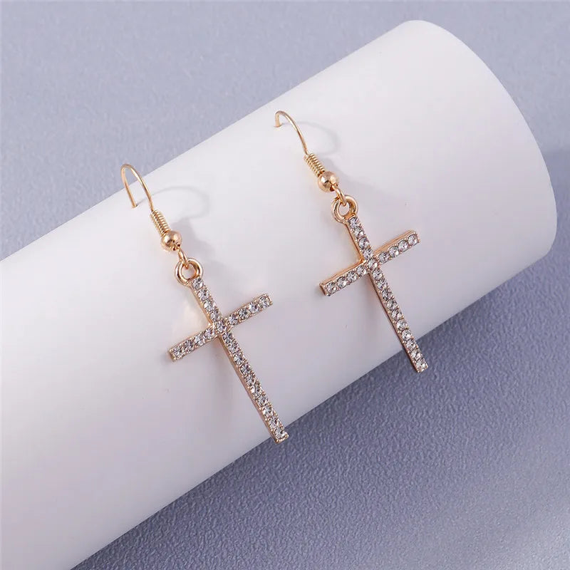 Silver-Tone Cross Earrings Zircon Crystal Dangle — Silver | KIMLUD