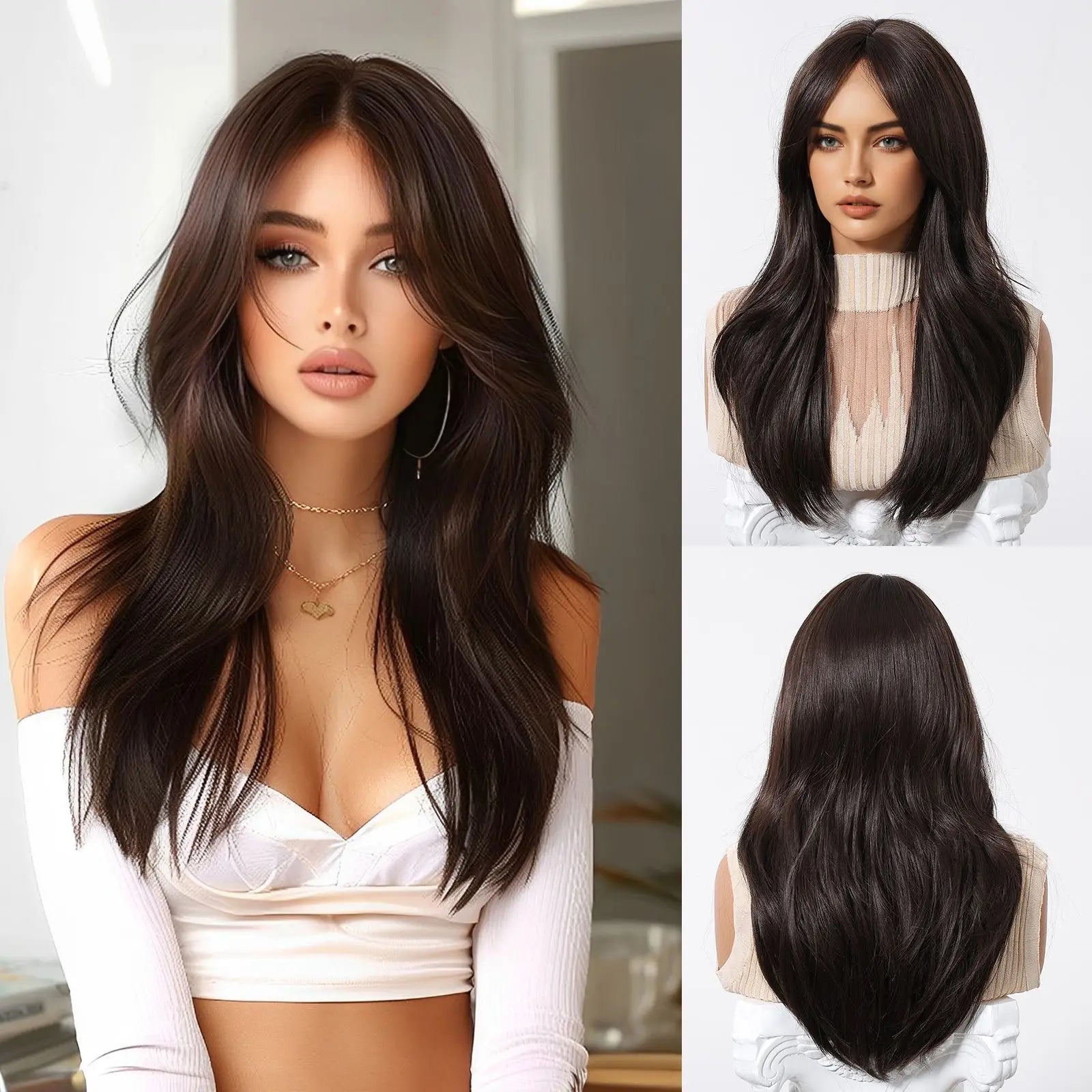 ALAN EATON Chestnut Brown Synthetic Wig with Bangs Long Straight Wig Natural Layered Hair Smooth Soft Daily Wig Heat Resistant