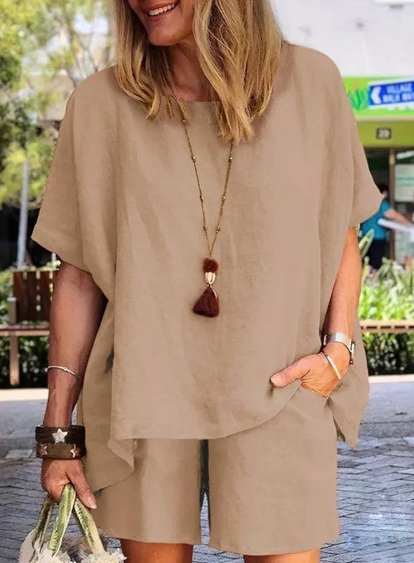Cotton-Linen Two-Piece Set Plus Size Relaxed-Fit Short-Sleeve Top And Shorts — Steel-Blue | KIMLUD