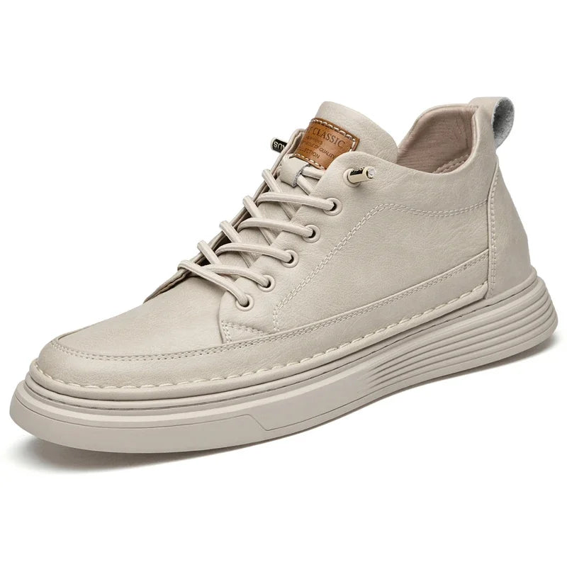 High Top Hiking Shoes – Height Increasing – Leather – Beige | KIMLUD