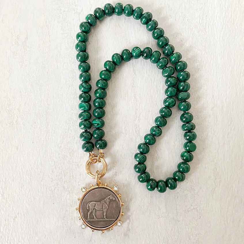 Malachite Two-Tone Horse Coin Necklace — Green | KIMLUD