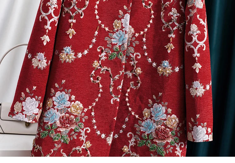 Embroidered Beaded Coat – Floral Longline – Red | KIMLUD