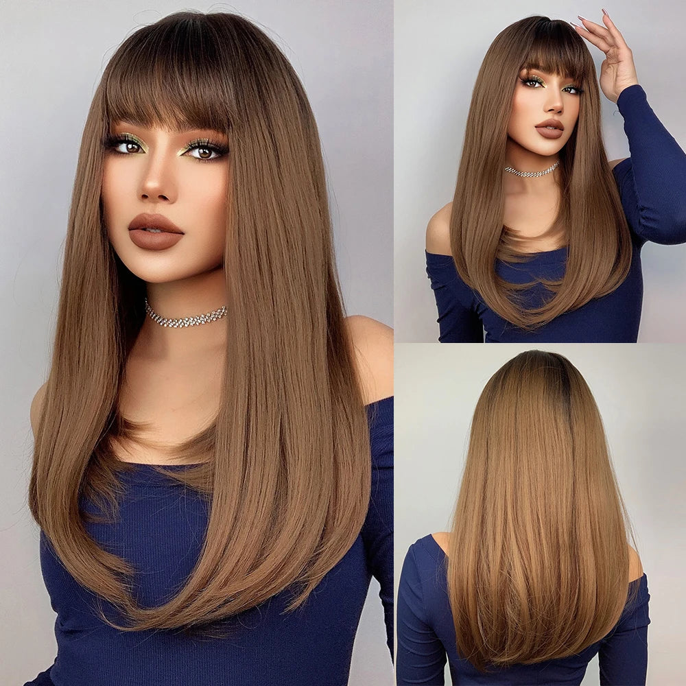 ALAN EATON Chestnut Brown Synthetic Wig with Bangs Long Straight Wig Natural Layered Hair Smooth Soft Daily Wig Heat Resistant