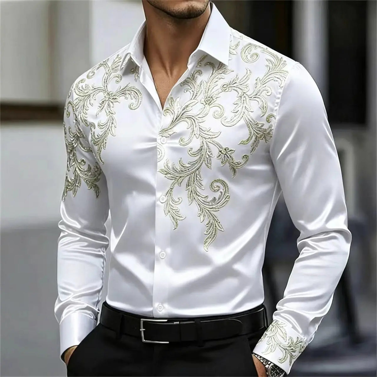 Men's Satin Paisley Print Shirt – Silk Polyester | KIMLUD