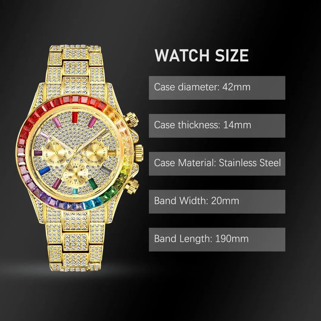 Stainless Steel Smartwatch Hip Hop Rainbow Pavé Diamonds — Gold | KIMLUD