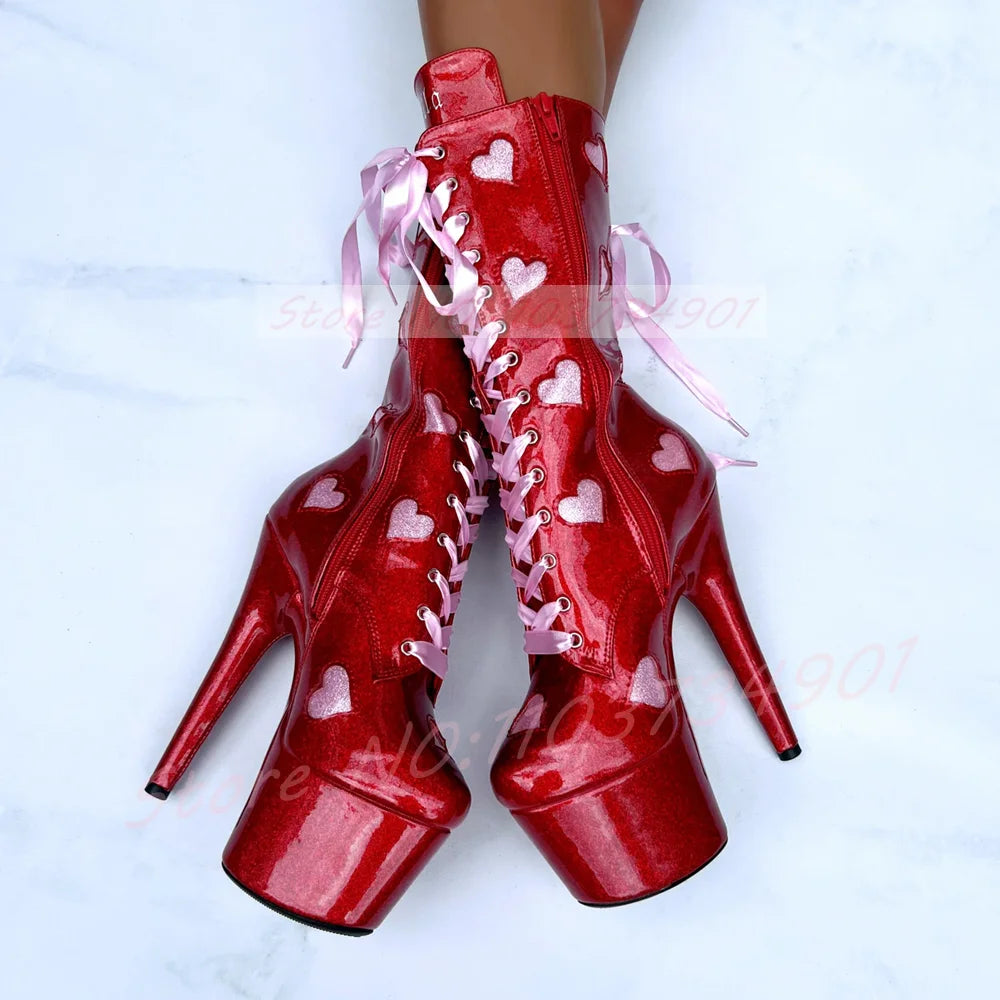 Mid Calf Boots - Glitter Heart Cutouts - Platform - Pink | KIMLUD
