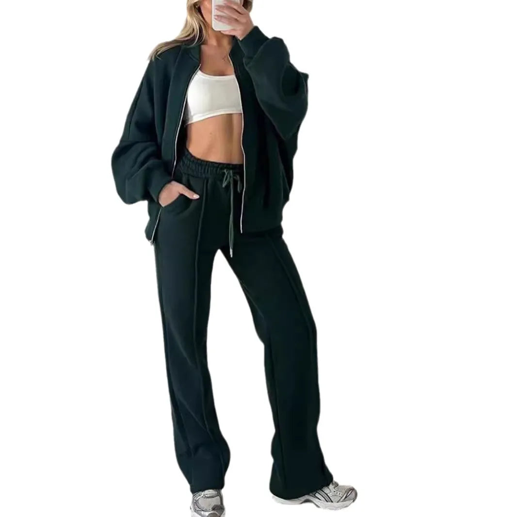 Two-Piece Tracksuit With Zip Sweatshirt And Straight Pants — Olive | KIMLUD