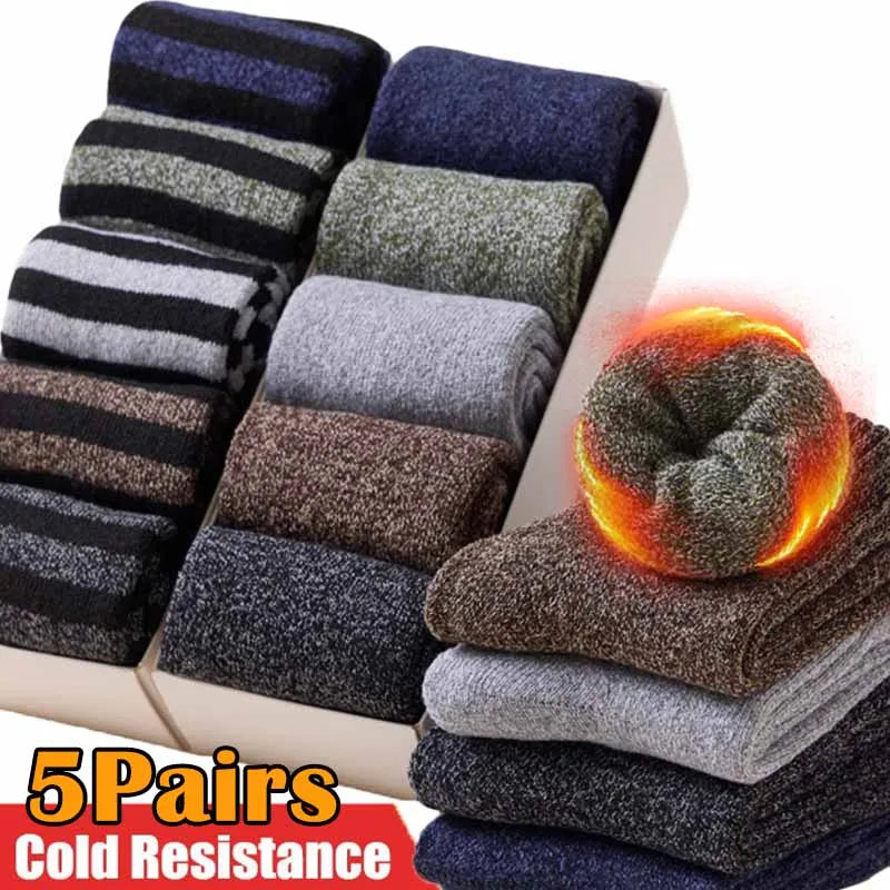 Merino Wool Socks Five-Pack Crew Thick Winter — Black | KIMLUD