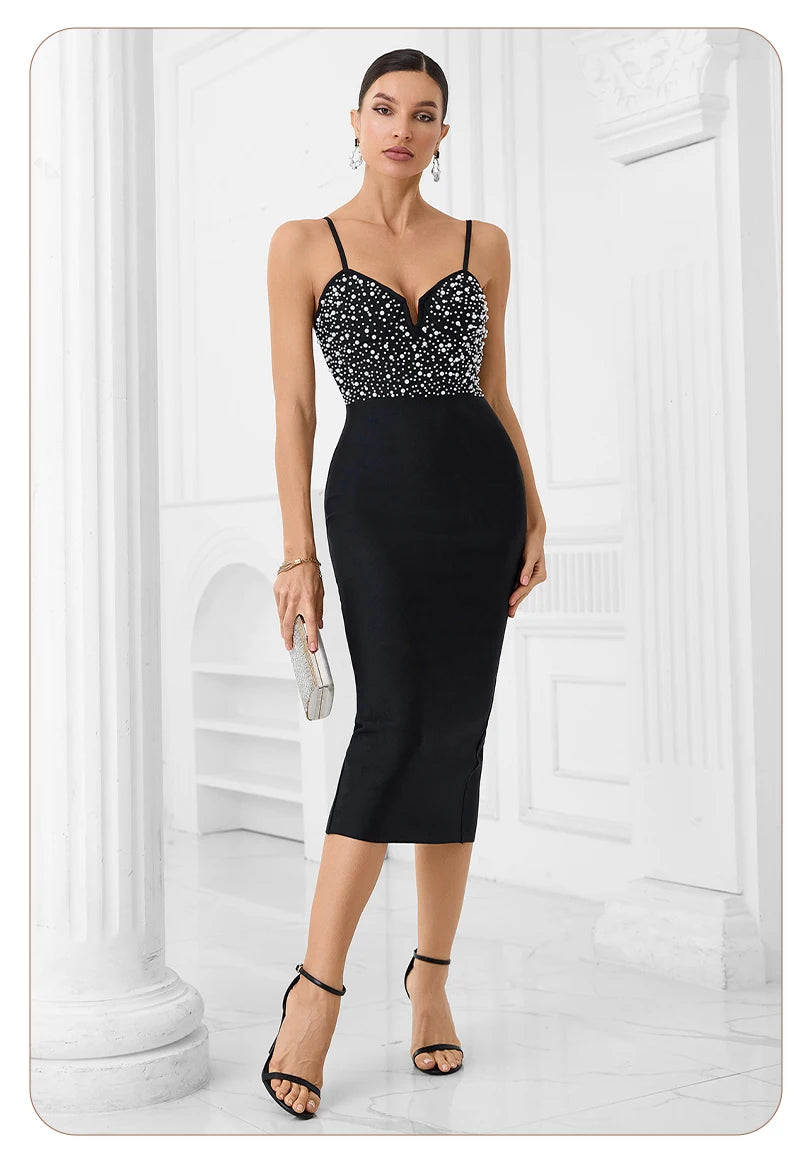 VC Elegant Burgundy Spaghetti Strap Midi Dress with Pearl & Rhinestone Embellishments for Cocktail Parties & Formal Events