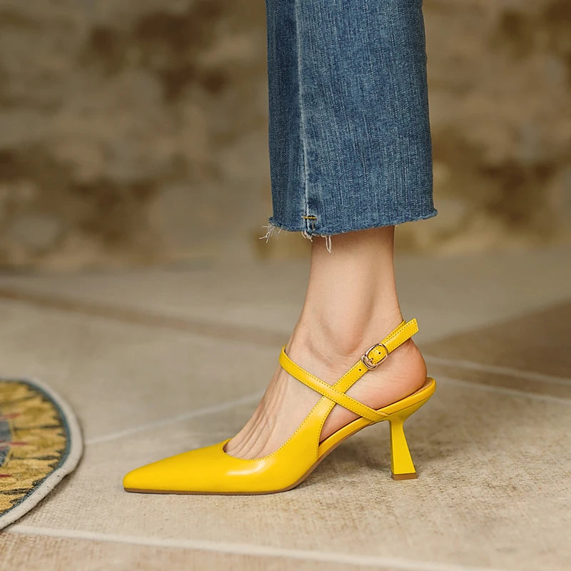 Genuine Leather Slingback Shoes Pointed Toe High Heels — Black | KIMLUD