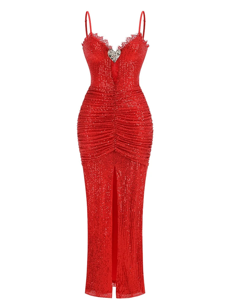 Sexy Sleeeelsss Spaghetti Strap Hollow Out Lace Patchwork Long Dress Women Elegant Sequined Ruched Split Evening Party Dresses
