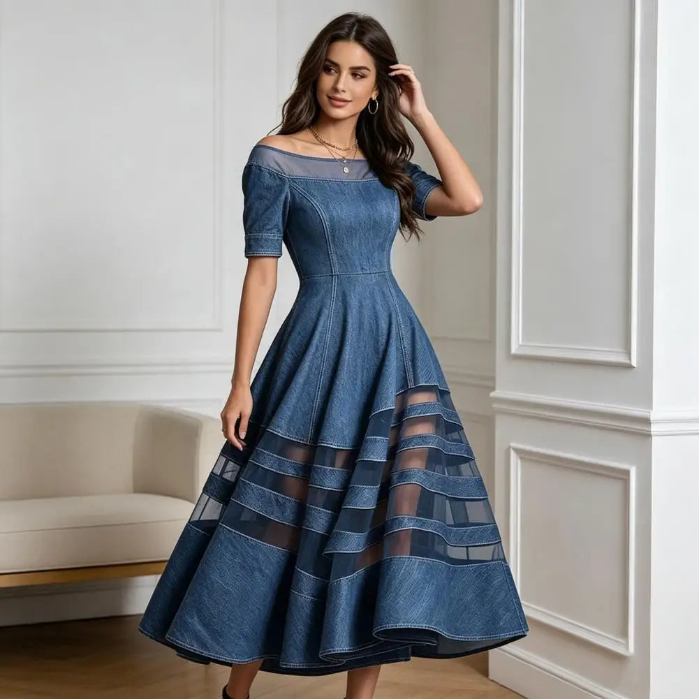 Polyester Patchwork Mesh Off Shoulder Dress — Blue | KIMLUD