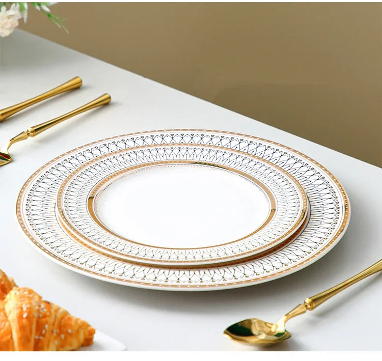 Ceramic European Style Dessert Plate With Gold Rim And Subtle Depth — White | KIMLUD