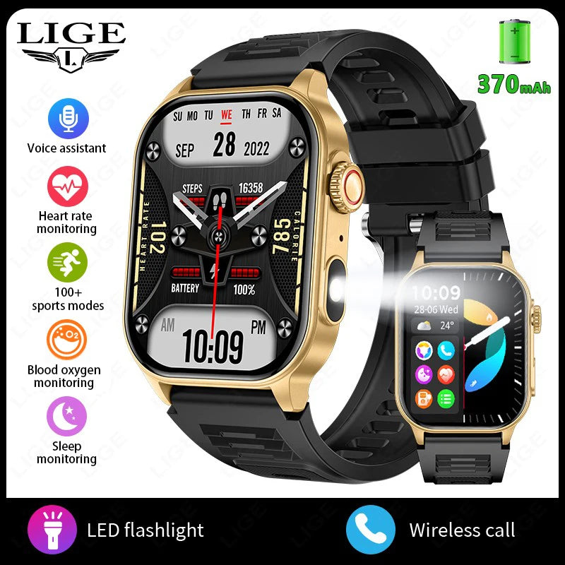 LIGE New Smart Watch LED Flashlight Military Sport Watches 2.01'' Screen Health Monitor Bluetooth Call Waterproof Smartwatch Men