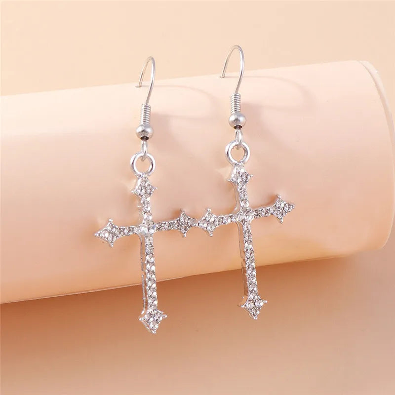 Silver-Tone Cross Earrings Zircon Crystal Dangle — Silver | KIMLUD