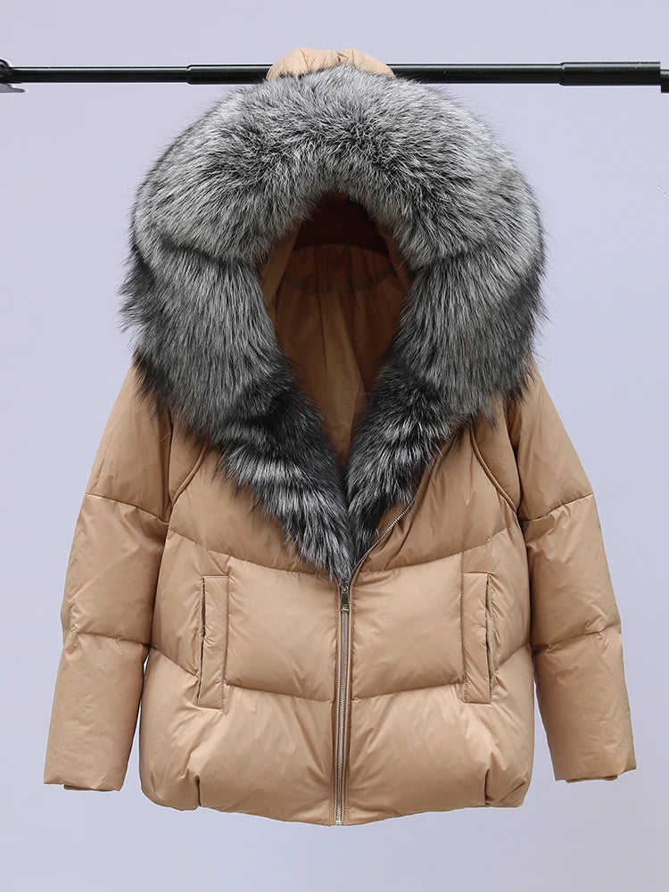 New Fashion Outerwear Puffer Jacket 2024 Women Coat White Duck Down Jacket Super Large Real Silver Fox Fur Collar Hooded