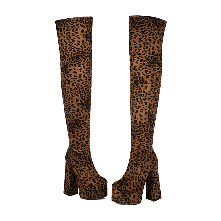 Over The Knee Boots – Leopard Print Velvet – Velvet – Leopard Print | KIMLUD