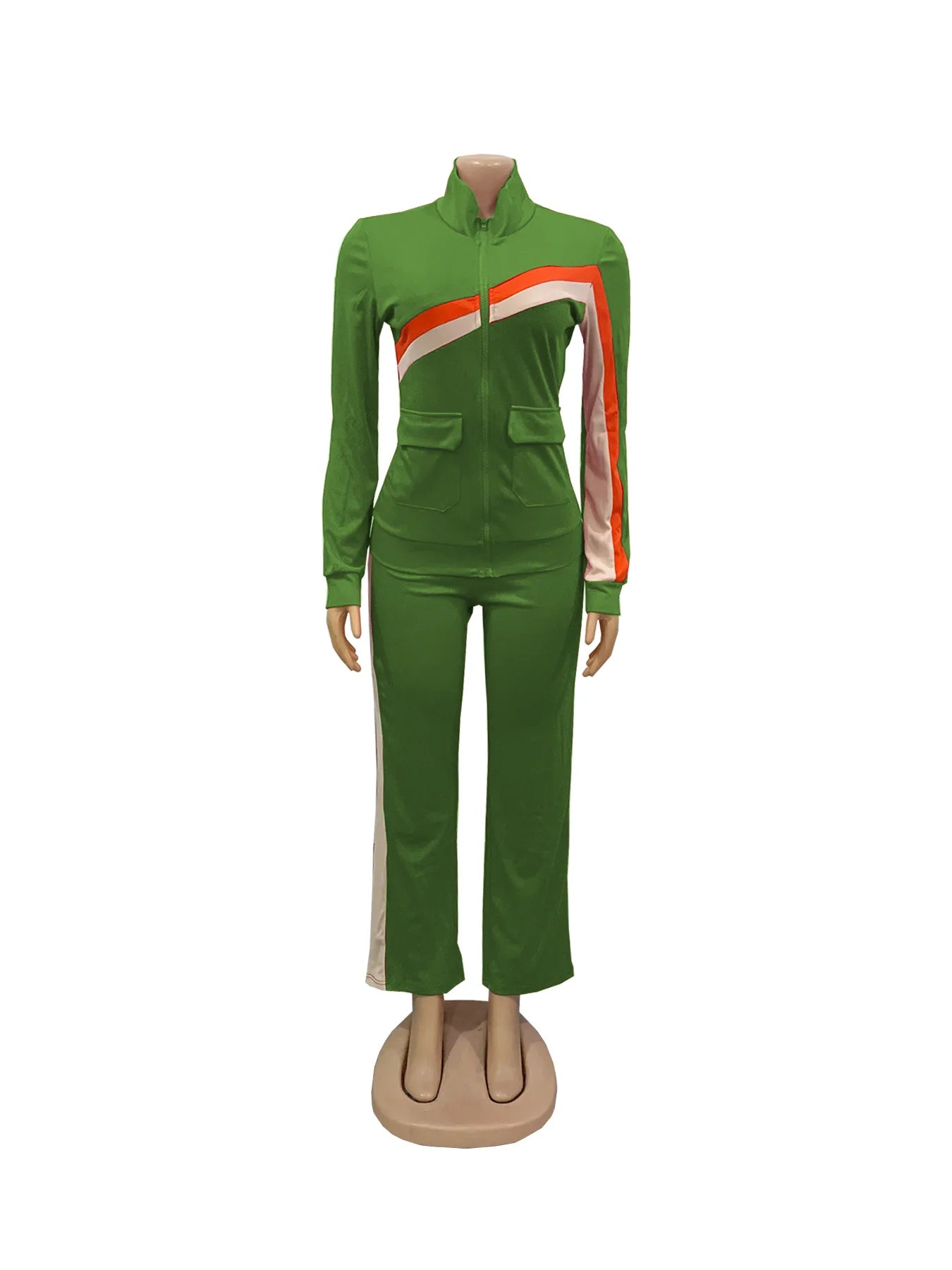 Knit Striped Splicing Two-Piece Sports Set Cream And Burnt-Orange Stripe Panels — Black | KIMLUD