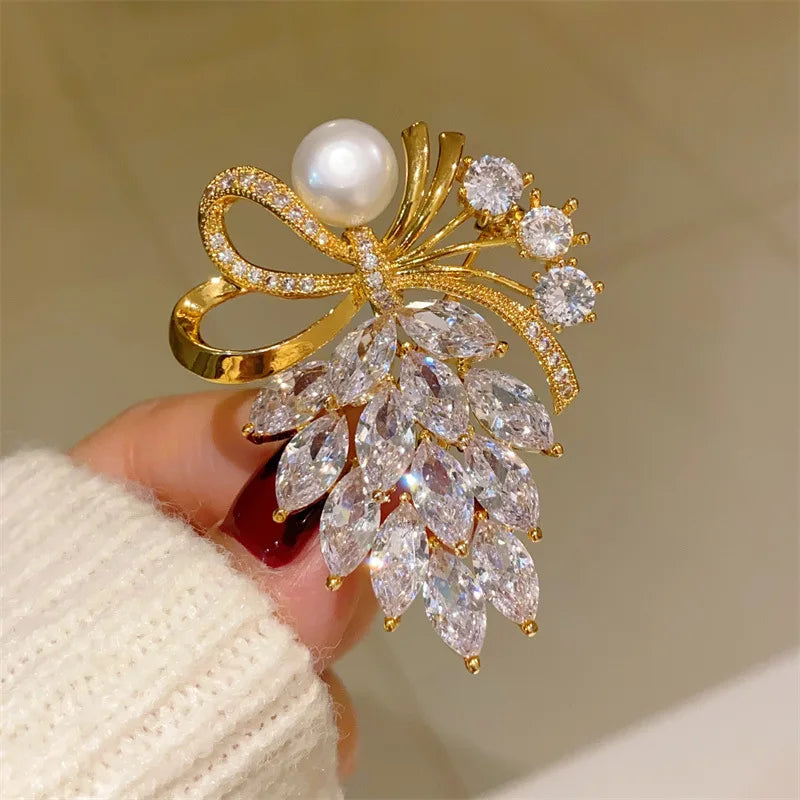 Gold-Tone Ribbon Bow Brooch With Faux Pearl Accent — Gold | KIMLUD