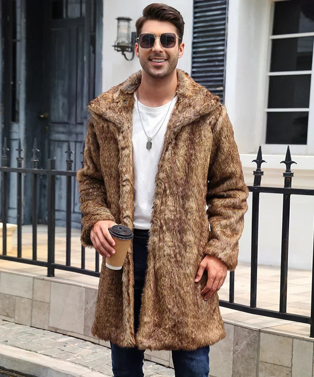 Men's Faux Fur Coat - Long Coat - Faux Fur | KIMLUD