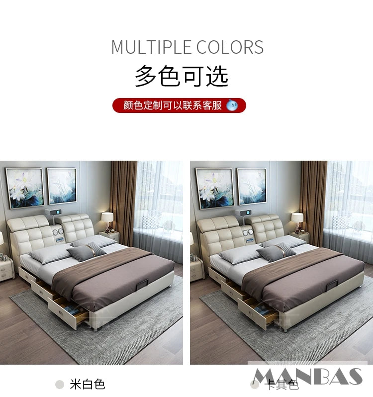 Genuine Leather Bed Frame Smart Multifunctional Tech — Ivory | KIMLUD