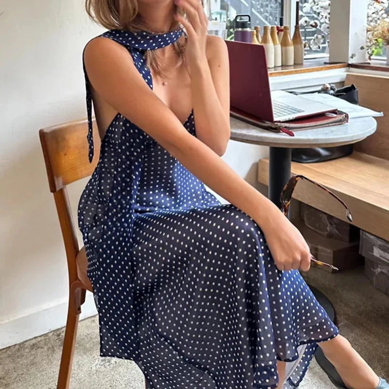 Maxi Dress Polka Dot V-Neck Tie-Back Spaghetti Straps — Navy | KIMLUD