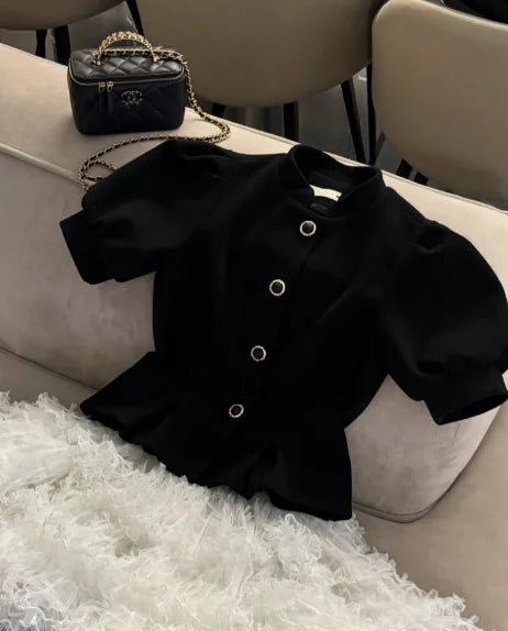Lace-Up Blazer Set With Cascading Ruffles — Black | KIMLUD