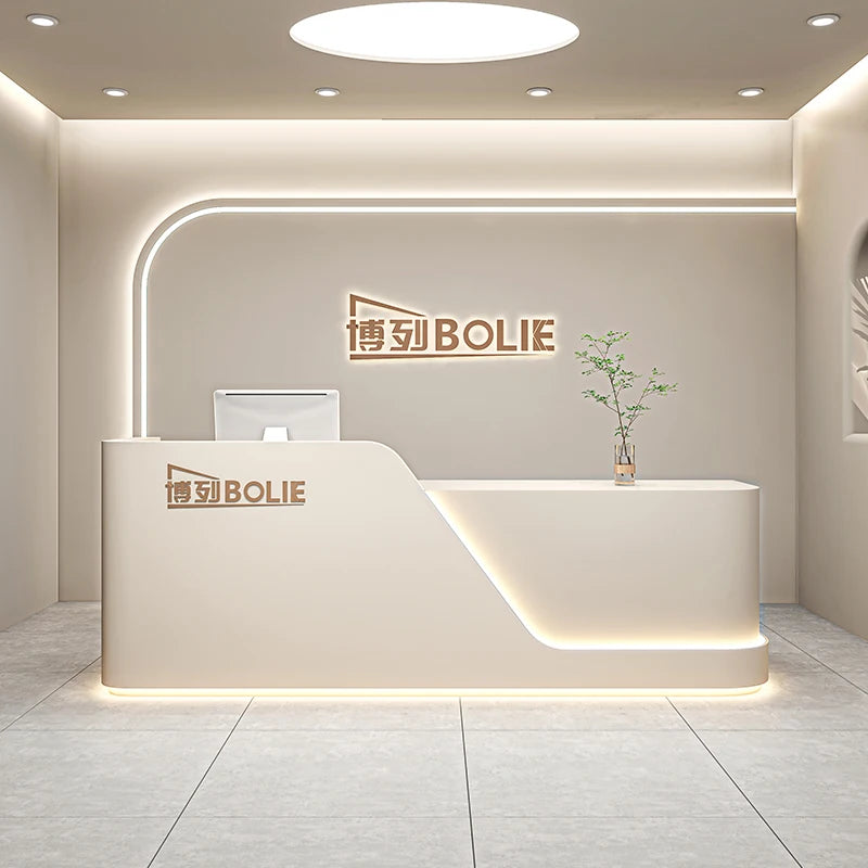 Curved Wood Reception Desk With LED Lights — White | KIMLUD
