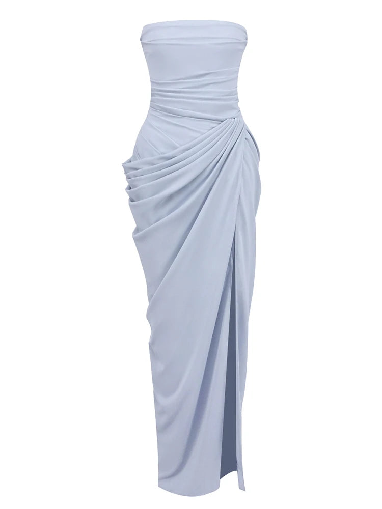Dresses – Strapless Backless Lace-Up Ruched – Polyester | KIMLUD