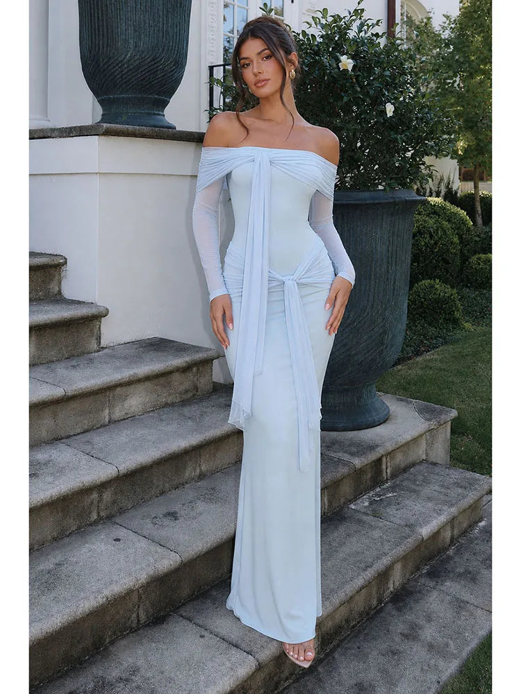 Sexy Slash Neck Mesh Long Sleeve Patchwork Maxi Dress Women Light Blue Off Shoulder Tie Ruched Slim Dresses Evening Party Gowns