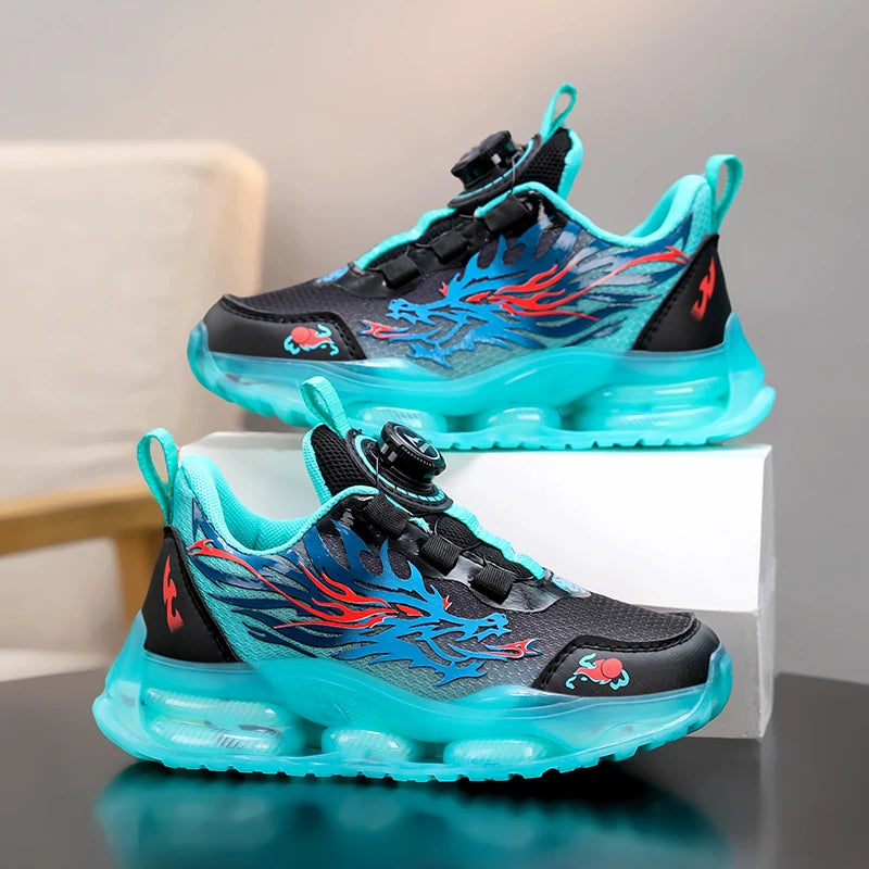 Flame-Print Knit Sneakers For Boys — Lightweight, Anti-Slip Sole, School-Ready Kids Trainers — Black | KIMLUD